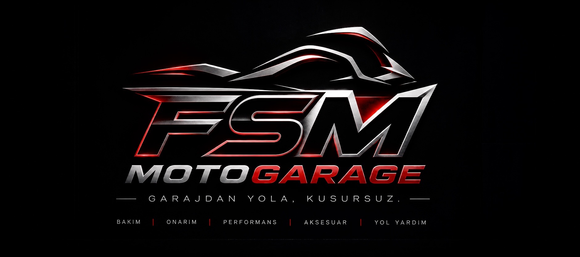 FSM MotoGarage metalik kırmızı ve gümüş logo